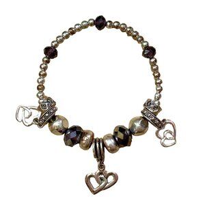 Heart Charm Beaded Bracelet Purple Faux Crystal Silver Tone Stretch